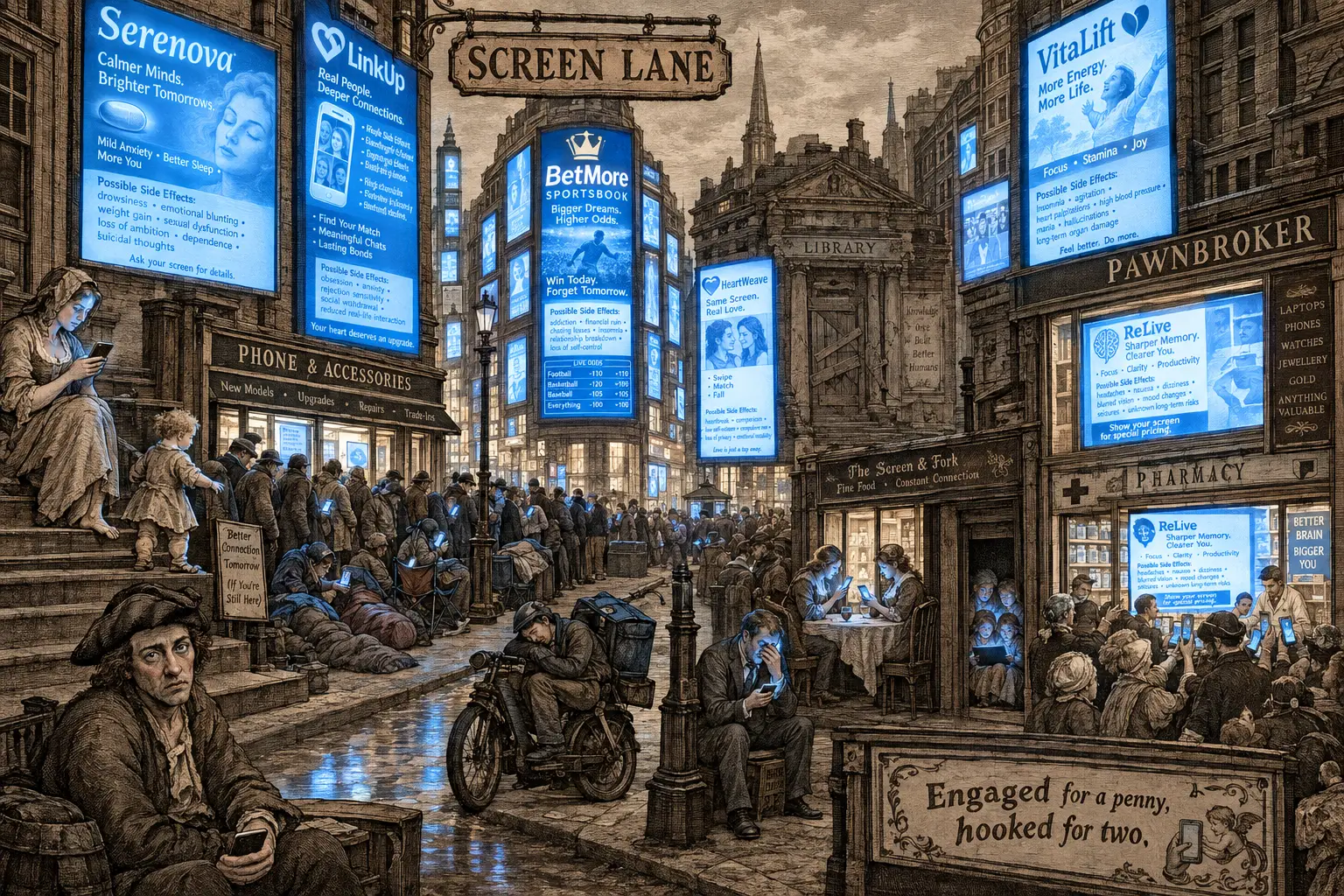 Screen Lane: an engraving in the style of Hogarth's Gin Lane, a city street where every face is lit blue by a glowing screen
