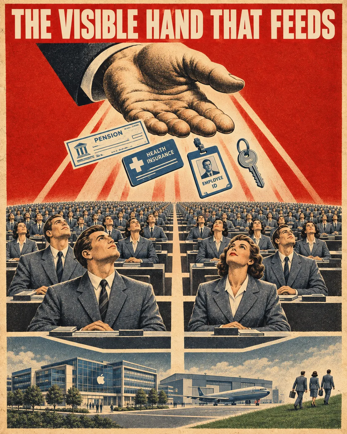 The Visible Hand That Feeds: a vintage propaganda-style poster of a giant open hand raining a pension check, health insurance card, employee ID badge, and keys down on rows of office workers gazing up from their desks, with a corporate campus and airplane hangar below